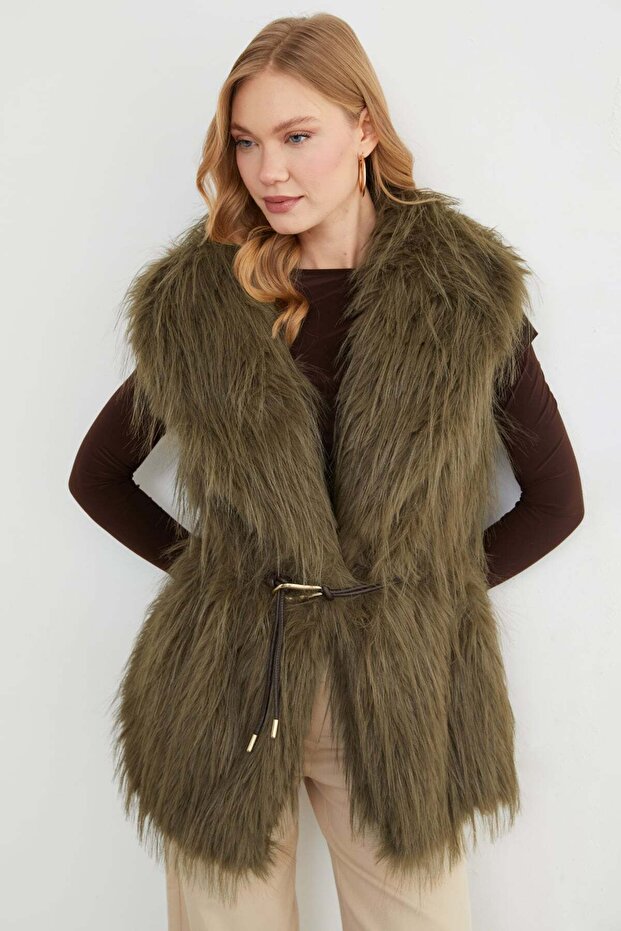 Faux Fur Vest with Belt Detail