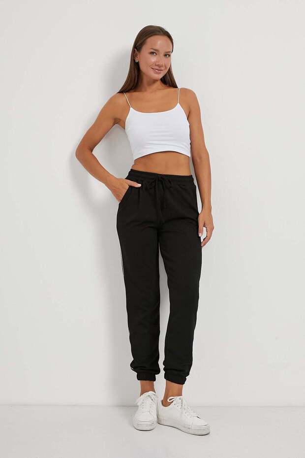 Women's Elastic Waist Piping Black Jogger Sweatpants