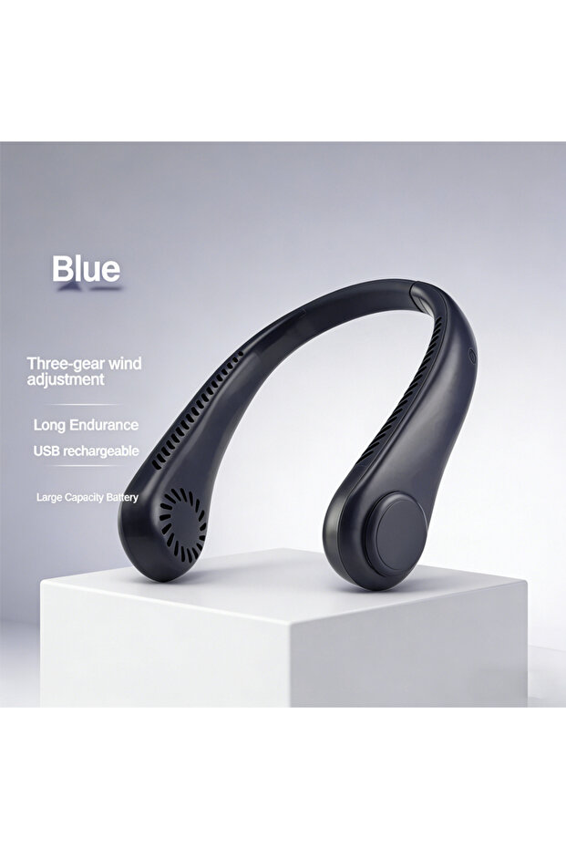 blue Neck Mounted Bladeless Fan — 2026 New, 1500mAh, USB Rechargeable, 3 Speeds, Digital Display, Po