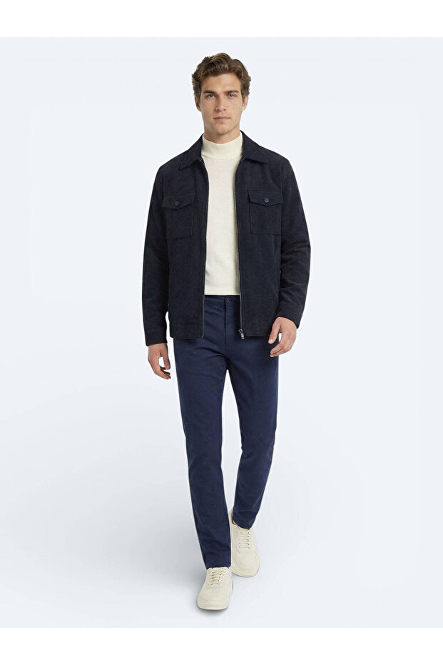 Midnight Blue Straight Woven Slim Fit Casual Cotton Blended Pants