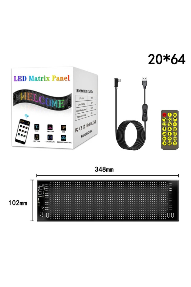 لوحة بكسل مصفوفة LED مقاس 10×35 سم، 20 × 64 مصباح LED، لافتات LED إعلانية ساطعة متحركة، USB مرن 5 فولت L