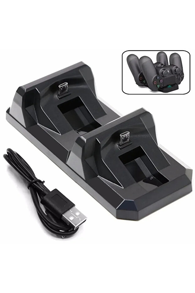 قاعدة شحن مزدوجة USB باللون الأسود لوحدة تحكم PS4 وحامل شحن الألعاب لجهاز PlayStation 4 اللاسلكي.