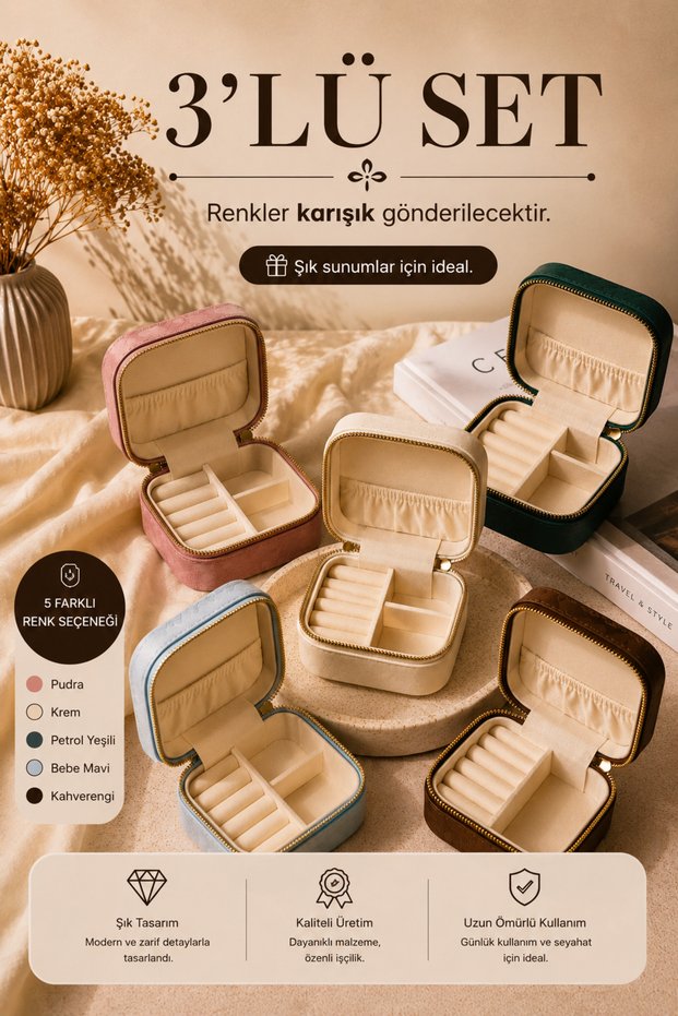 Set of 3 Velvet Jewelry Cases Travel Jewelry Organizer Zippered Jewelry Storage Box Jewelry Organizer