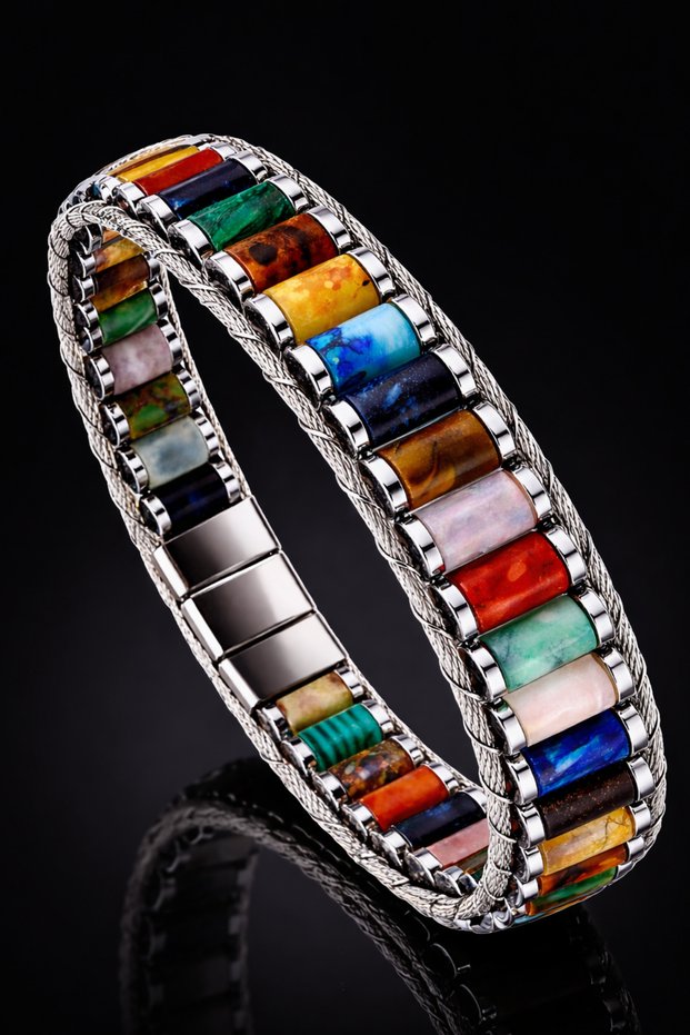 Women Men Multi Color Natural Stone Magnetic Lock Stainless Steel Bracelet