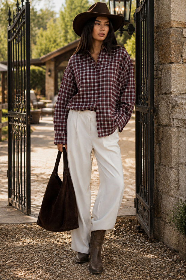 Red Oversize Checkered Women's Shirt Mg2822