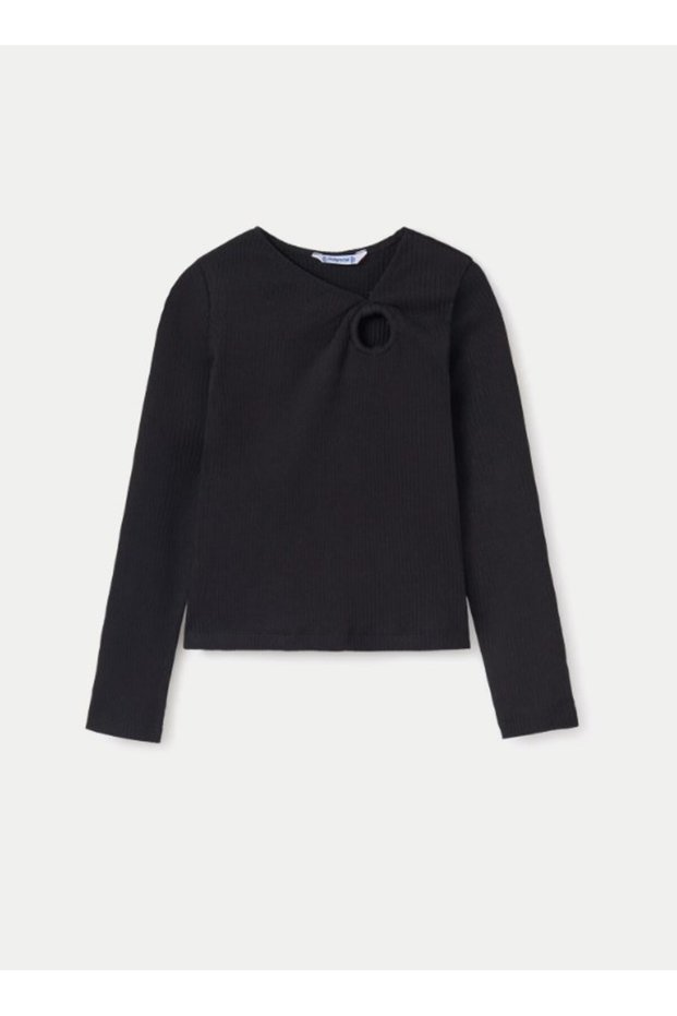 Girl's Long Sleeve T-Shirt with Ring Detail on Shoulder, Ages 10-16, Black