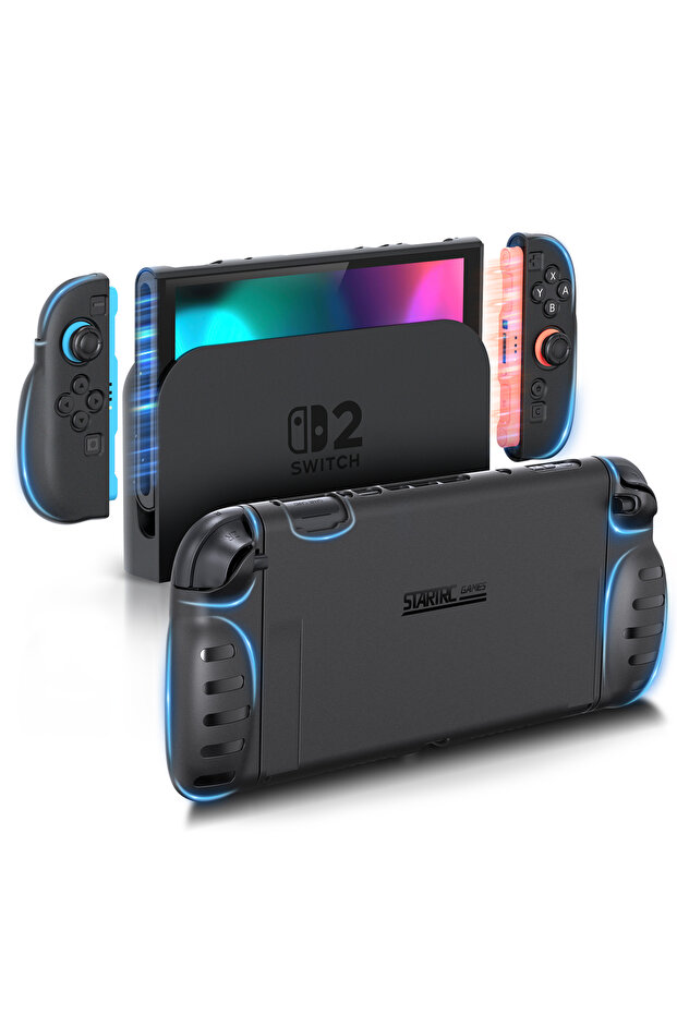 غطاء مقبض مريح من مادة TPU باللون الأسود غير اللامع لجهاز JoyCon، غطاء خلفي صلب مقاوم للخدش قابل للتركيب على قاعدة الشحن.