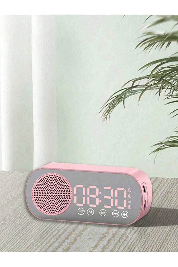 pink Bluetooth Speaker, Mirror-Faced Clock Alarm Clock Smart Speaker, Bass-Heavy FM Card Insertable
