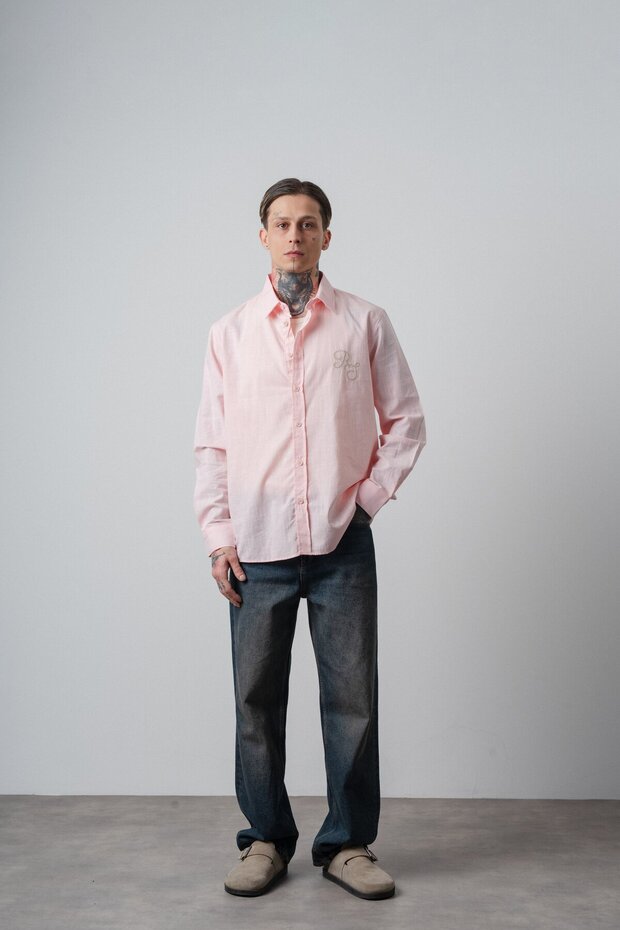 Men's Res Embroidered Long Sleeve Linen Oversized Shirt Pink