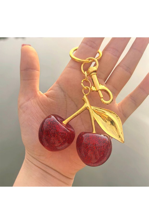 gold-red Fashion Delicate Red Cherry Charm Keychain 3 Color Gold Silver Keyring Elegant Women's Back