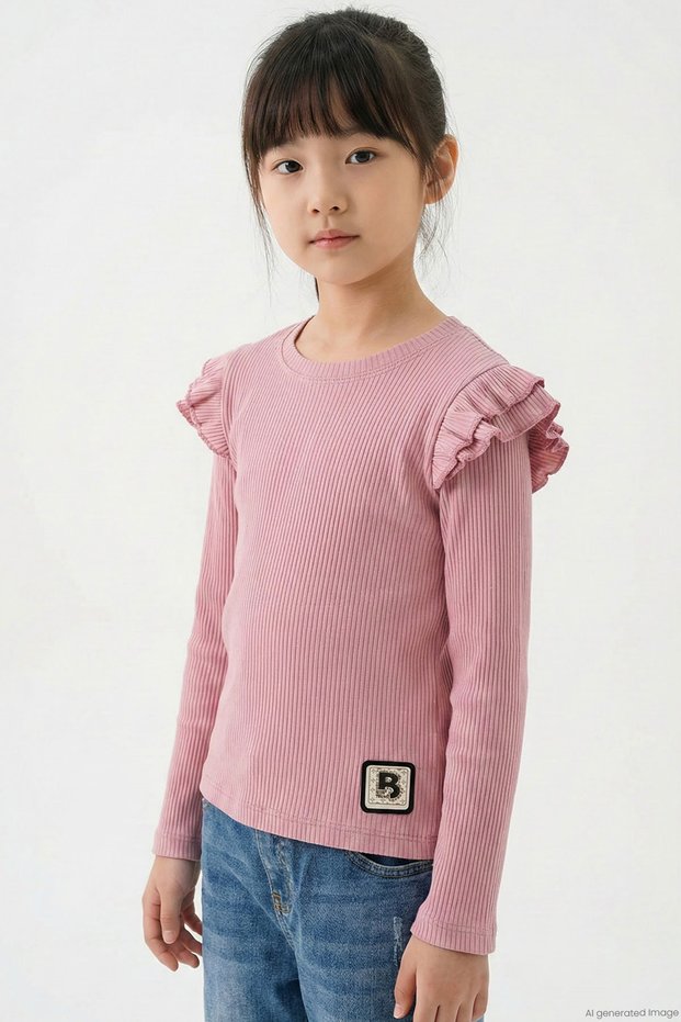 Girl's Long Sleeve T-Shirt with Arma Detail and Ruffled Shoulders, Ages 5-10, Rose Brown