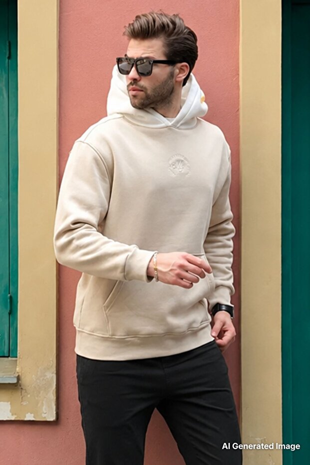 Beige Hooded Color Blocked Embroidery Detailed Men's Sweatshirt 7088