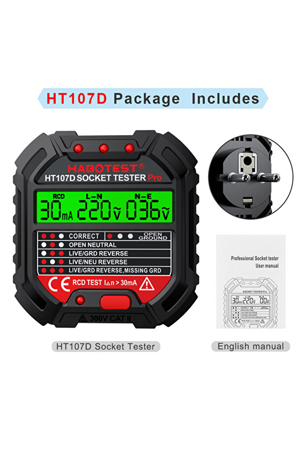 HT107D-EU Plug HT106D HT107D Socket Tester Pro Voltage Test Digital Outlet Socket Detect EU Plug Gro