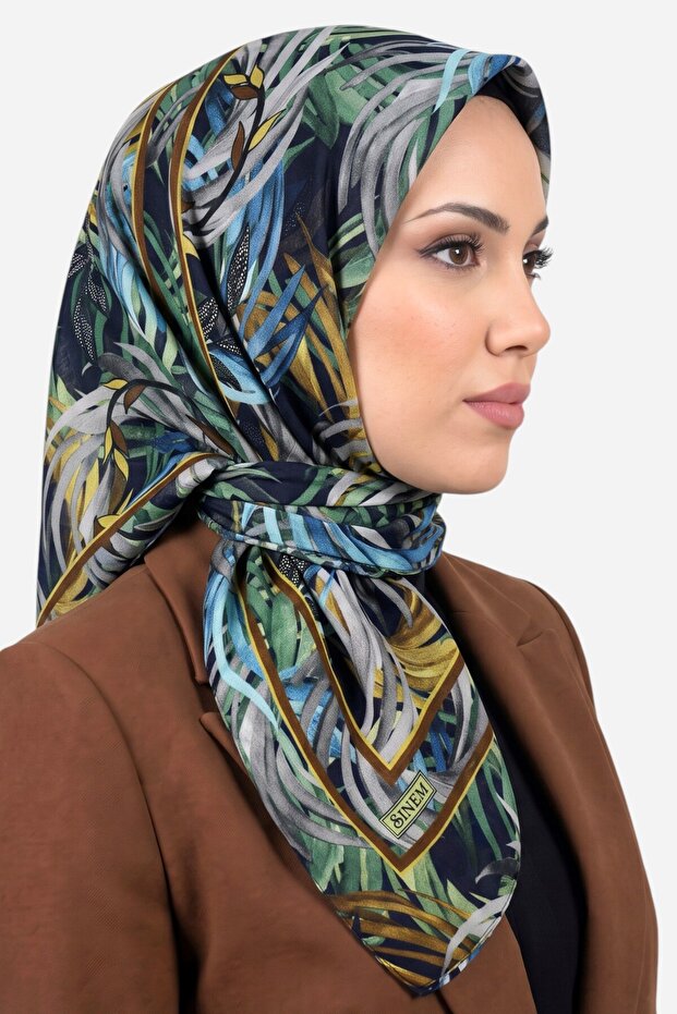 Women's Navy Blue Green Tropical Leaf Patterned Stitched Writing Cotton Cheesecloth Scarf