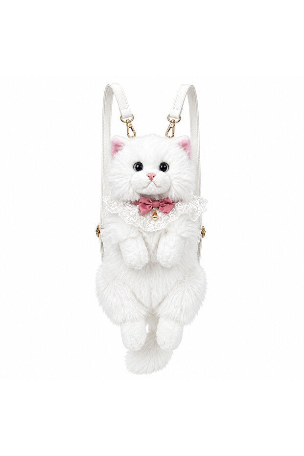 Plush Cat Backpack With Adjustable Straps White | Luxury-Inspired Realistic Faux Fur Kawaii Cat Backpack for Unisex, Cute Casual Bag