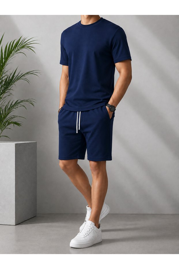 Men's Premium Modal Fabric Basic Shorts T-Shirt Set Black Regular Casual Summer Set Combination