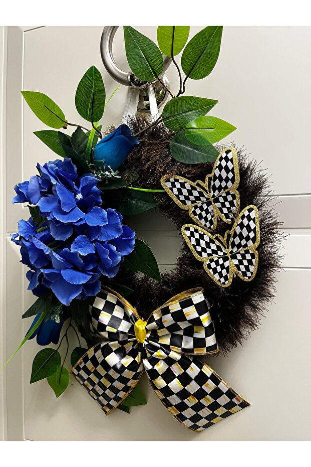 Mackenzie Patterned Ribbon Checkered Butterfly Blue Hydrangea Door Ornament