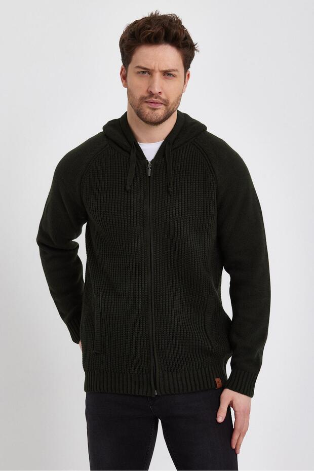 Zipped Long Sleeve Hooded Knitted Cardigan (E22-5716)