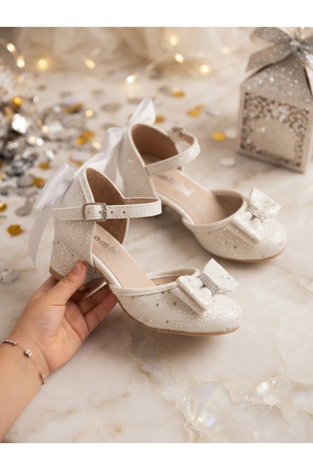 Girls' White Bonibon Colorful Mini-Heel Stylish Dressy Shoes with Bows