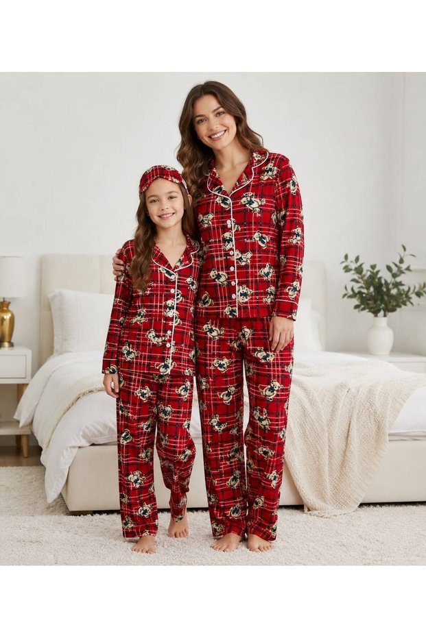 Mother-Daughter Cotton Suede Fabric Red Plaid Teddy Bear Patterned Sleepwear with Headband Shirt Collar Buttoned Pajamas