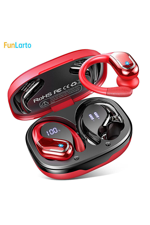 Red Wireless Earbuds Bluetooth 5.3 Headphones Sport,Bluetooth Earbuds with ENC Noise Canceling Mic,W