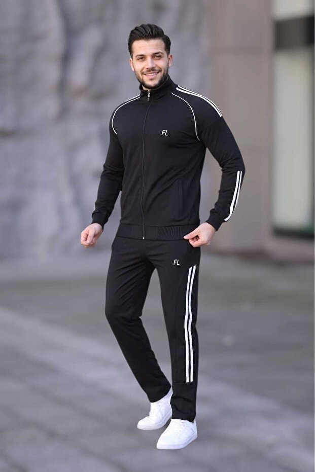 New Season Men's Ribbed Diver Tracksuit Set, Black