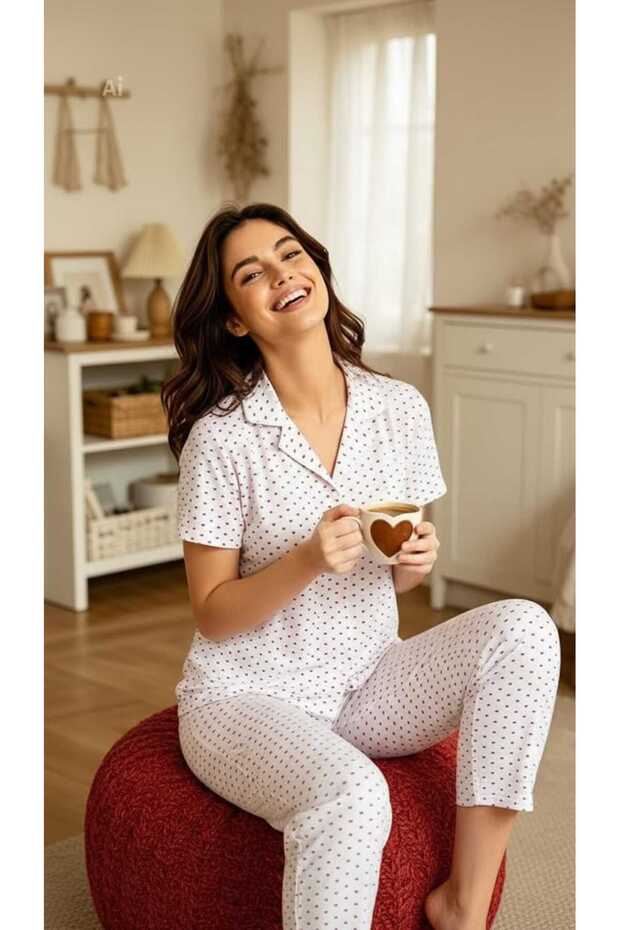 White Color Tiny Heart Pattern Shirt Collar Milan Fabric Short Sleeve Women's Pajama Set