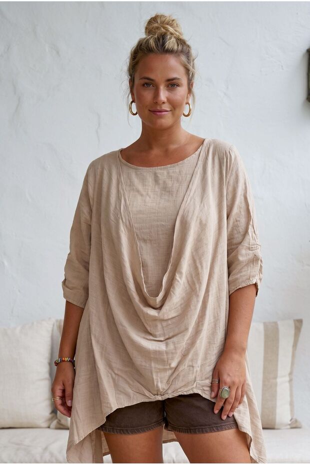Beige Round Neck 3/4 Sleeve Double Set Casual Cotton Loose Woven Blouse 80 63