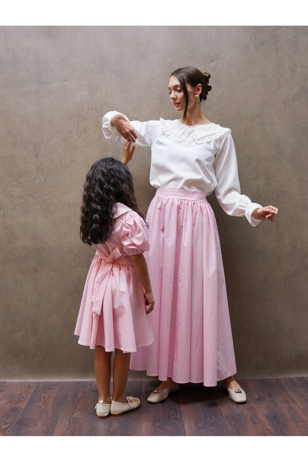 Powder Pink Polka Dot Skirt and Girl's Collared Dress Mother-Daughter Combination (Sold as a Single Item)
