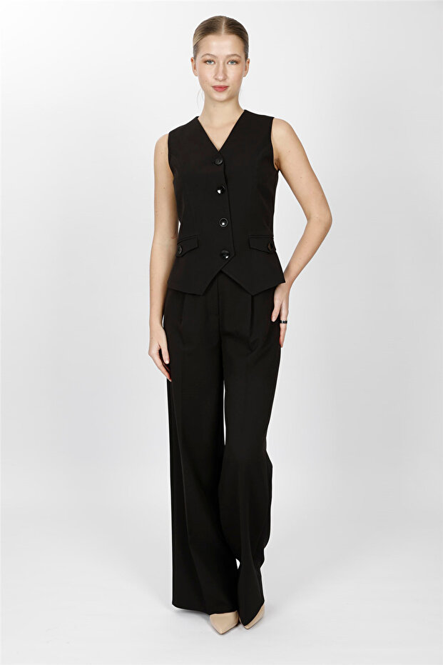 V-Neck Decorated Buttoned Vest Suit 1530522-Black - 1530522