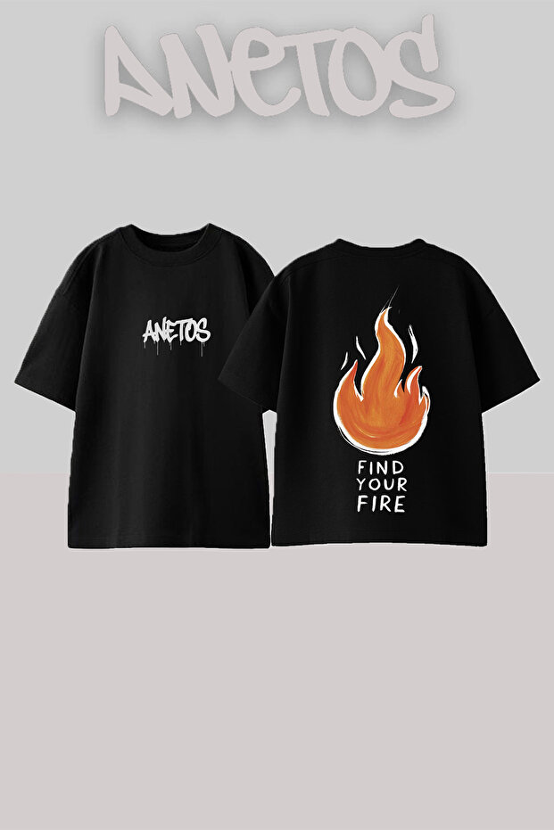 تي شيرت قطني أسود كبير الحجم بتصميم Burning Fire مطبوع على الظهر