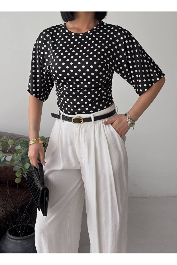 Crew Neck Fitted Waist Black Polka Dot Cotton Bat Sleeve Blouse Blz99000