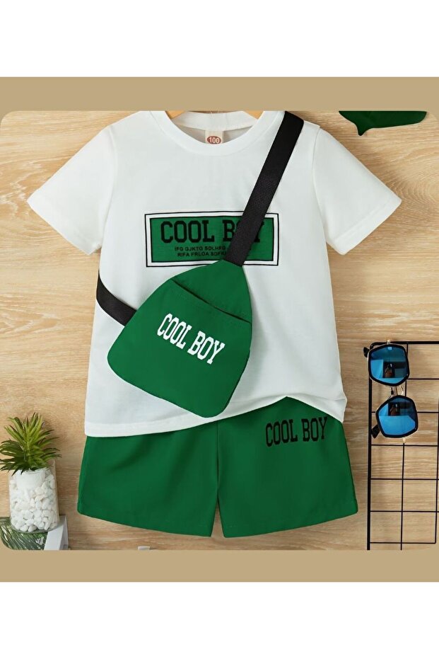 Cool Boy Top White Bottom Green Printed Summer Shorts Top-Bottom Set Cotton