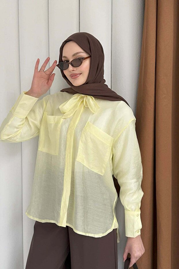 Women's Tie Collar Double Pocket Thin Modal Fabric Shirt 9034 - Yellow