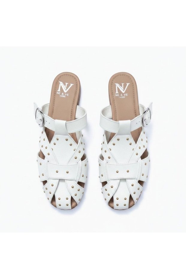 White Matte Leather Women's Square Toe Sabo Slippers with Pin Detail and Buckle