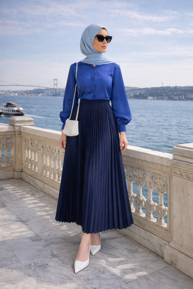 Women's Premium Pleated Navy Blue Long Hijab Skirt