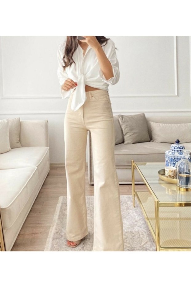 Dodge Beige Cream High Waist Palazzo Jean Wide Leg Loose Leg Women's Lycra Jeans