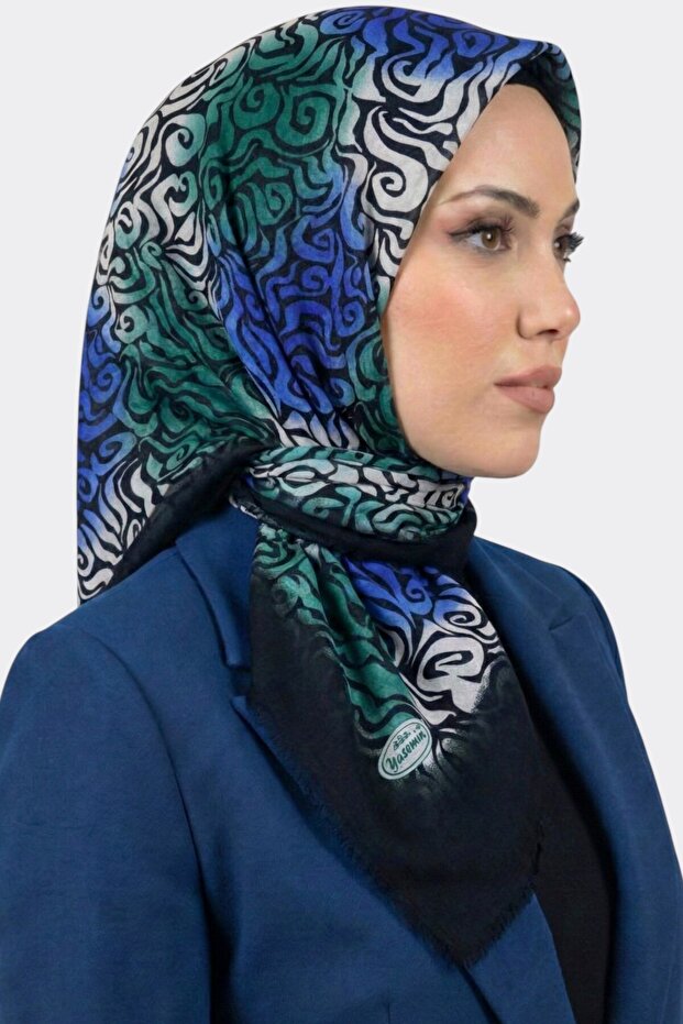 Women's Blue Green Patterned Flared Scarf
