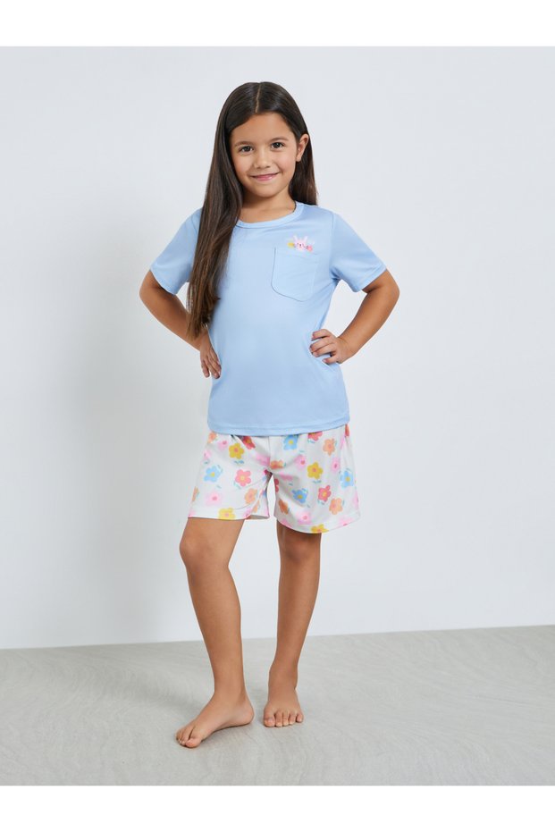 Girls Blue Floral Print T-Shirt and Shorts Set
