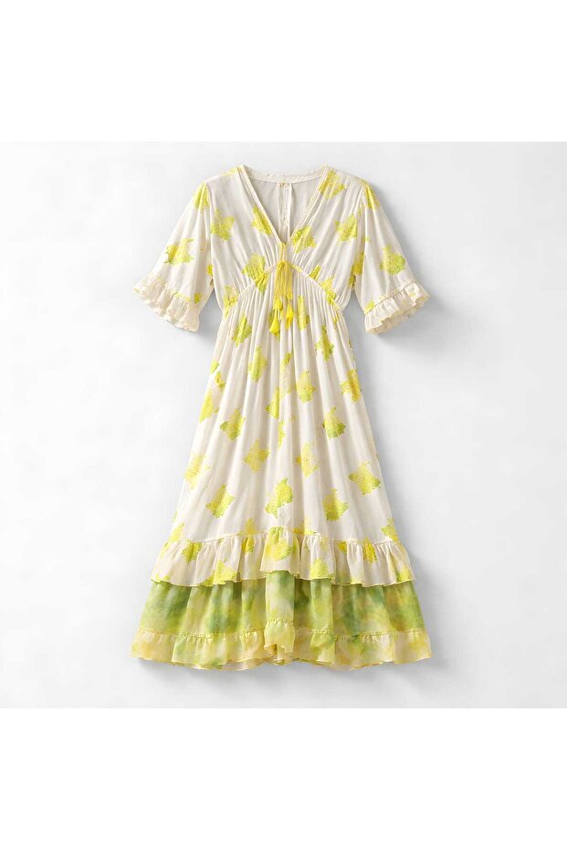Women's Authentic Yellow Patterned V-Neck Ruffled Chiffon Bohemian Dress