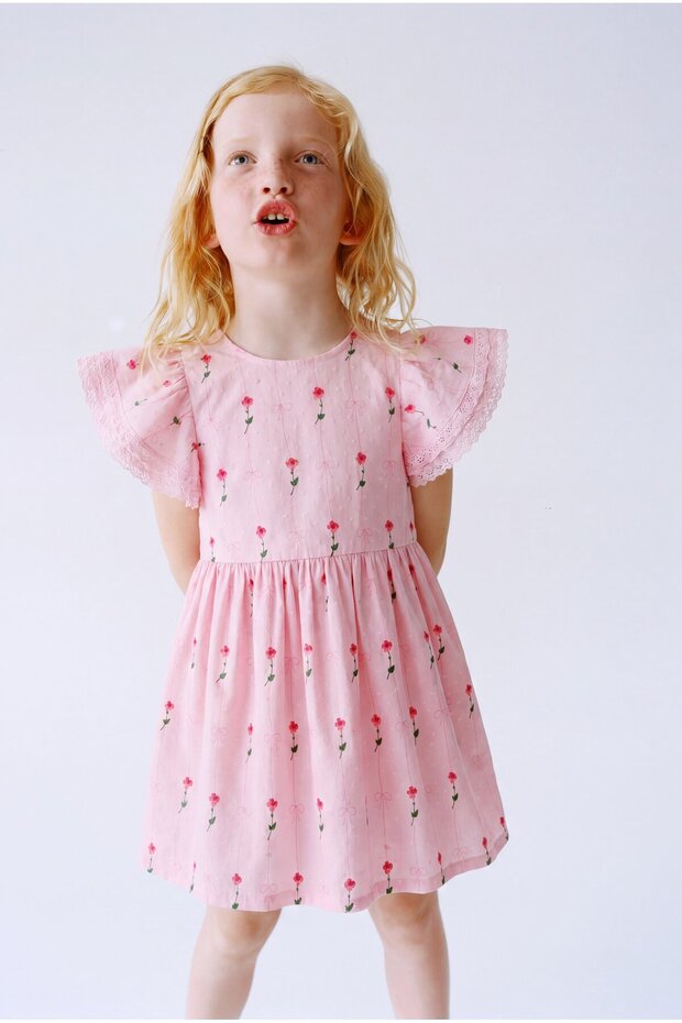 Girl's Cotton Pink Floral Patterned Lace Sleeve Dress