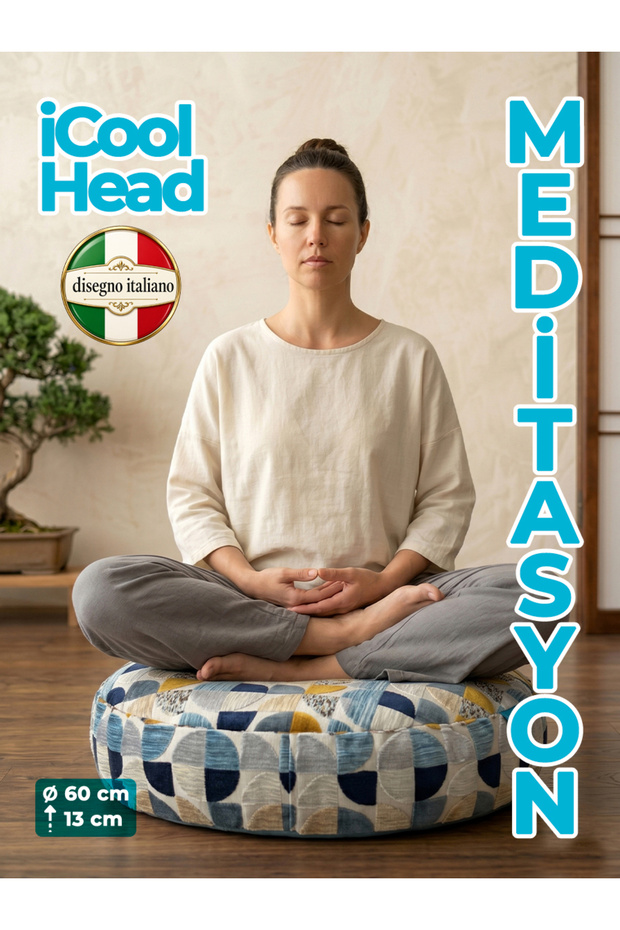 iCool Head Karabuğday Kabuğu Dolgulu Meditasyon Minderi, Geniş Yoga Minderi, Premium İtalyan Kumaş Kılıf - Derin Mavi