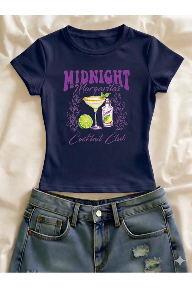 Margarita Printed Lycra Slim Fit Short Sleeve Crew Neck Tee Crop