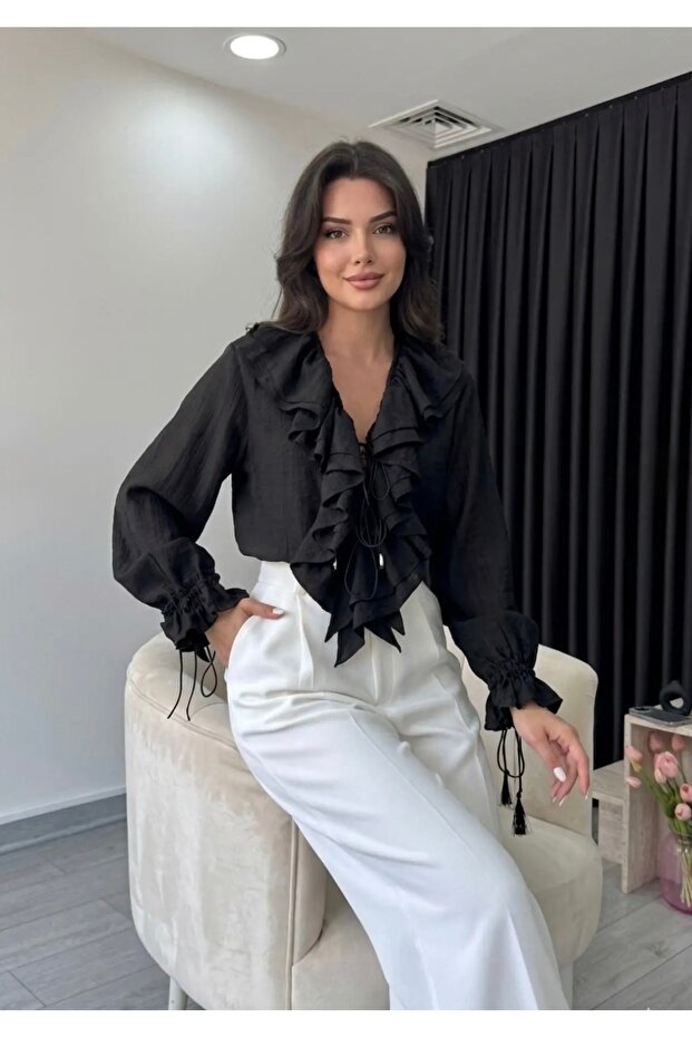 Ruffle Detailed Lace-Up Design Long Sleeve Shirt
