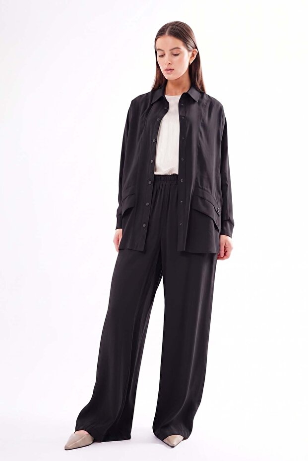Pocketed Stone Embroidered Modal Trousers Suit 927 Black