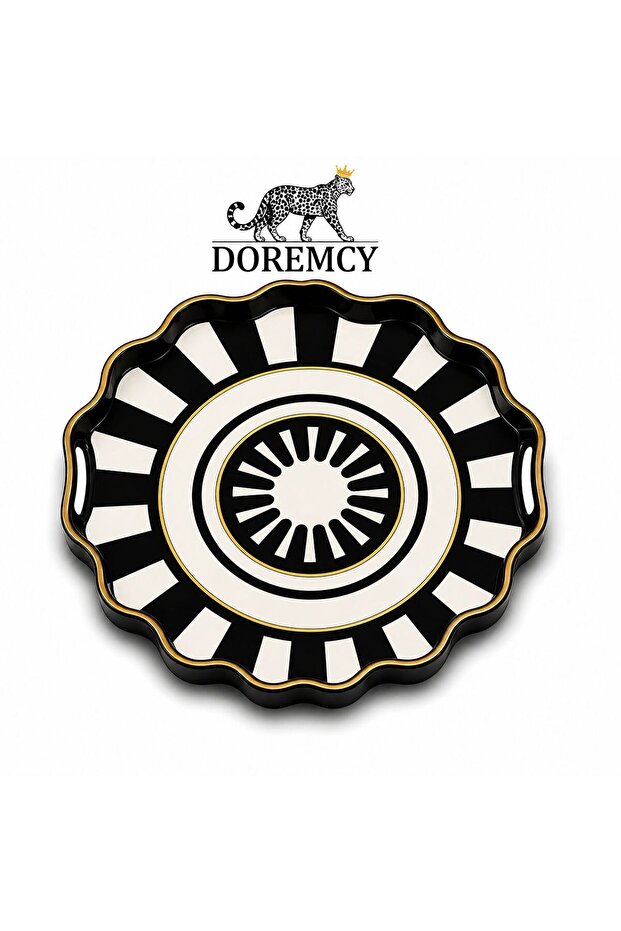 Luxury Glass Surface Presentation Tray 38 cm - Tea and Coffee Serving Tray - Decorative Round Tray with Gold Detail