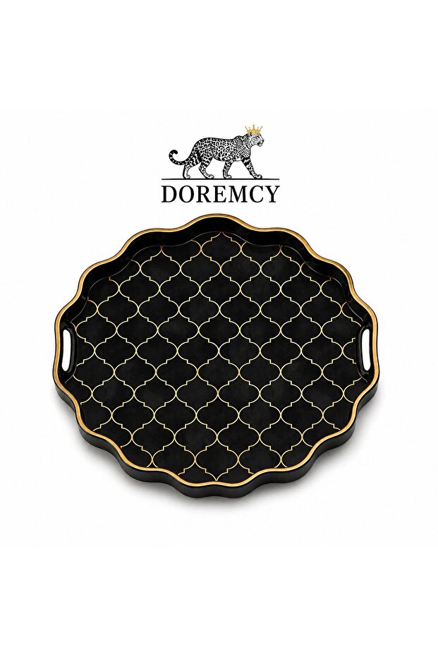 Luxury Glass Surface Presentation Tray 38 cm - Tea and Coffee Serving Tray - Decorative Round Tray with Gold Detail