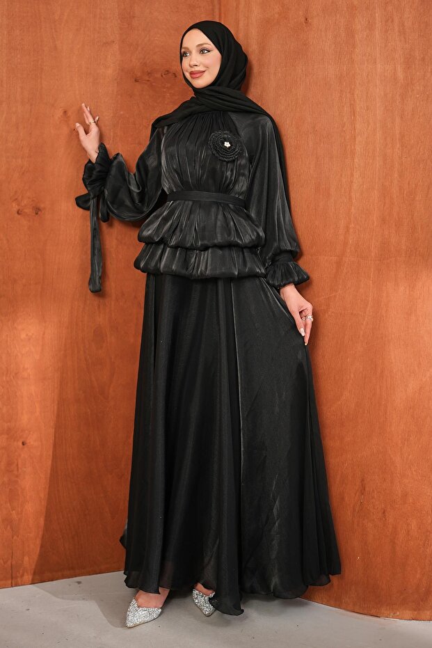 Black Balloon Sleeve Waist Detailed Evening Dress