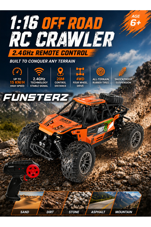 1:16 RC Off Road Crawler Car 2.4GHz 4WD Remote Control Rechargeable All Terrain Toy 6+ Kids