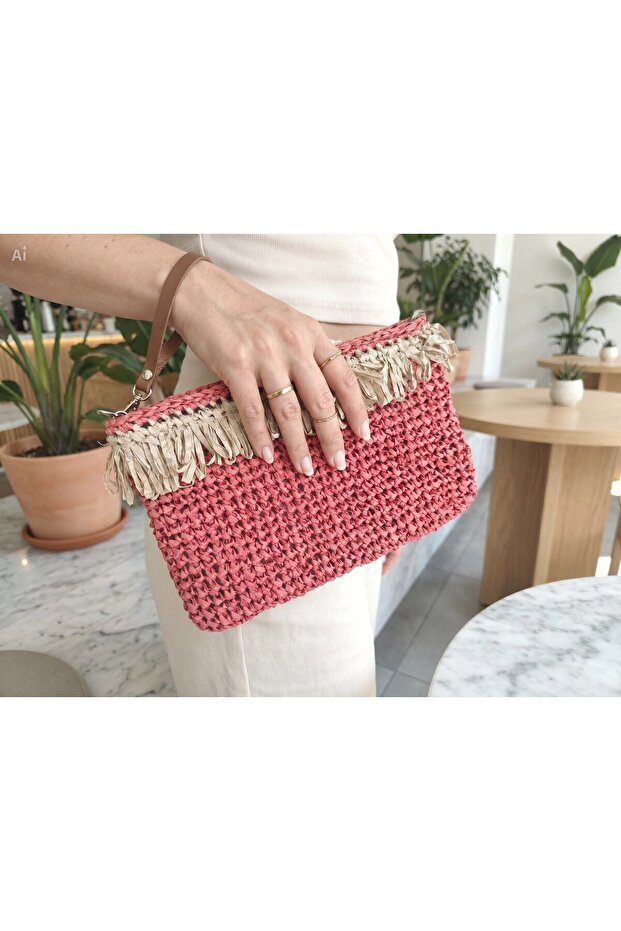 Handmade Paper Rope Raffia Clutch Bag - with Zipper and Wrist Strap - 18X28 cm